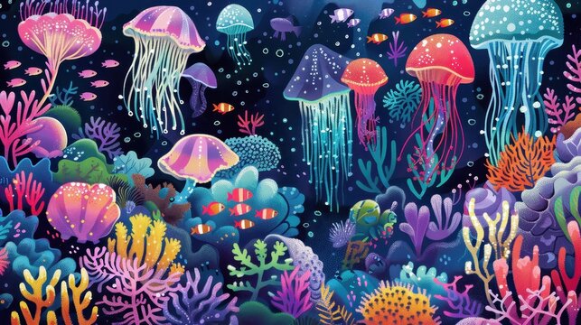 A whimsical and colorful illustration of a fantastical underwater world inhabited by playful Splurgles, small creatures with iridescent scales and bioluminescent patterns, swimming among vibrant coral
