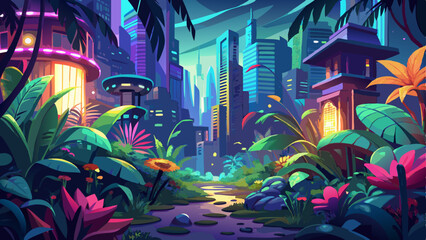 Lush greenery and exotic flowers in a neon jungle environment with vibrant colors and glowing foliage, set against a futuristic cityscape at dusk, ambient light , neon