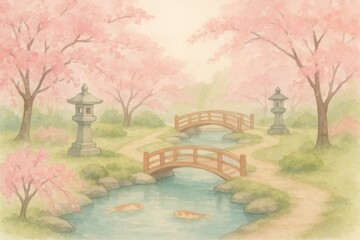 Serene Japanese zen garden design with cherry blossoms and traditional architectural elements in soft pastel watercolors