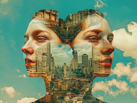 A whimsical and conceptual image of two people, each with their own unique expressions and features, seamlessly merged into a single face using digital manipulation techniques, set against a surreal, 
