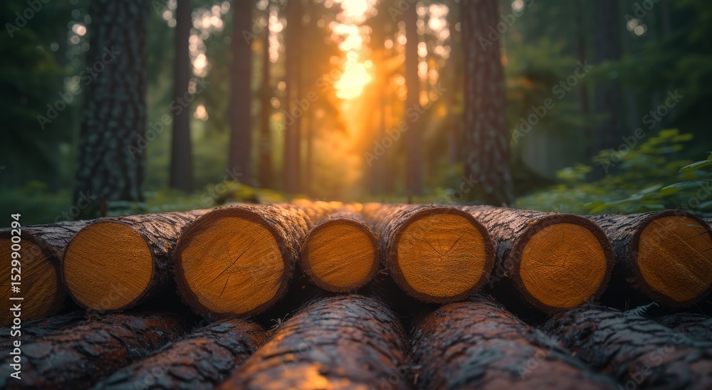 Poster a tranquil scene featuring neatly stacked logs illuminated by the golden rays of sunset filtering th