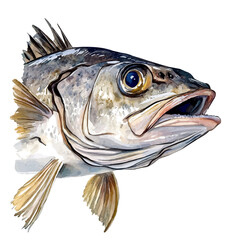 Haddock Close Up, watercolor clipart vector, isolated on a white background.