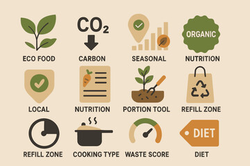 Eco-friendly food icons highlighting sustainability and nutrition concepts