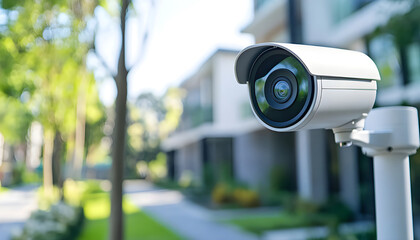 Modern security camera installed outside stylish home. Surveillance system, house protection, residential safety concept. Camera records events, provides peace mind for family. Smart tech equipment