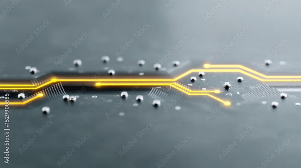Poster clean modern circuit grid design in metallic grey with glowing yellow lines