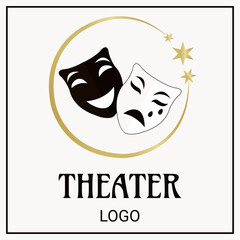 Retro theater logo, theater mask, tragedy mask, comedy mask, theater, logo, sign, gold, stars