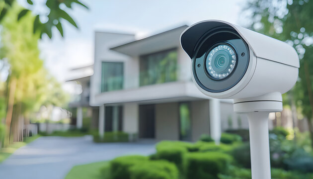 Modern security camera installed outside stylish home. Surveillance system, house protection, residential safety concept. Camera records events, provides peace mind for family. Smart tech equipment