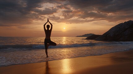 Serene Yoga Practice on a Secluded Beach During a Stunning Sunrise