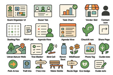 Colorful icon set for event planning and outdoor activities