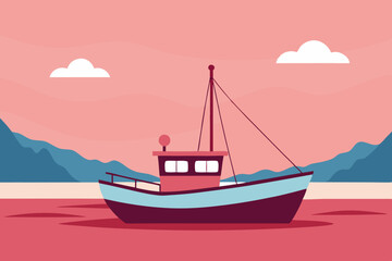 Naklejka premium Small fishing boat at sunset coastal scene