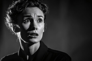 Astonished Individual Bathed in Dramatic Spotlights Creating Intense Emotional Expression