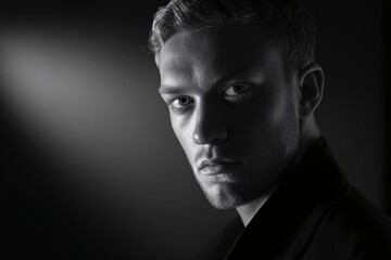 Dramatic Black and White Portrait of a Young Man in Intense Spotlight