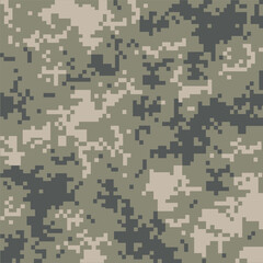 Seamless digital camouflage pattern in military style. Pixel army texture in green, beige, and black colors. Perfect for backgrounds, fabrics, uniforms, and tactical designs