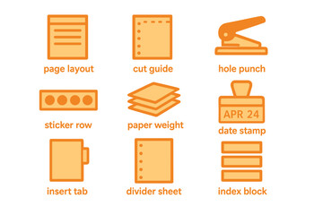 Office document icons: layout, cut guide, hole punch, sticker row, paper weight, date stamp