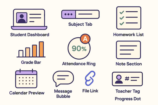 Educational dashboard interface with grade bar and homework list icons