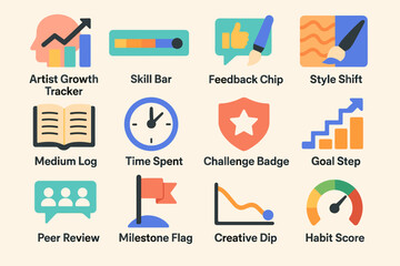 Colorful icons for creative tools and progress tracking in digital design