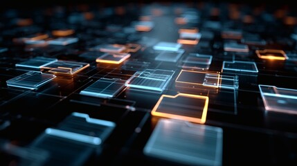 Obraz premium Abstract digital folders in shades of blue and orange scattered across a grid, representing digital storage and file management.