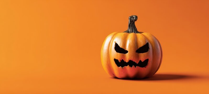 The spooky carved pumpkin set against a bright orange backdrop for Halloween celebration.