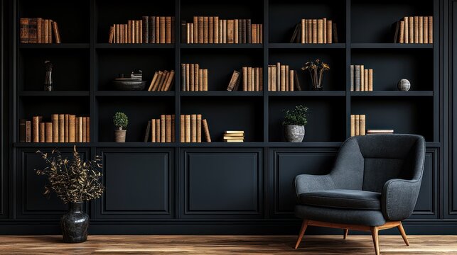 Dark, rich library with bookshelves and armchair