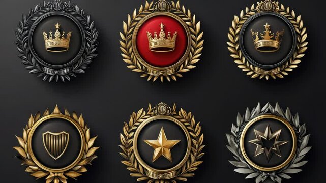 Set of four shiny gold and silver badges on a background