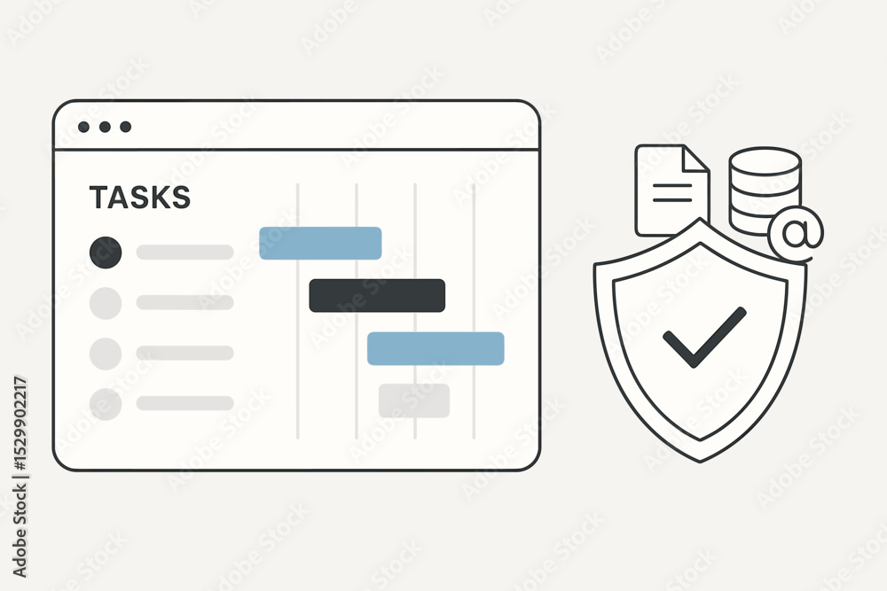 Poster task management and data security concept with gantt chart and shield icon