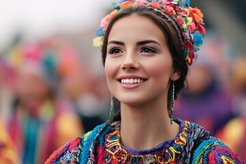 Fototapeta premium Young Woman Enjoying a Vibrant Street Festival in Colorful Traditional Attire
