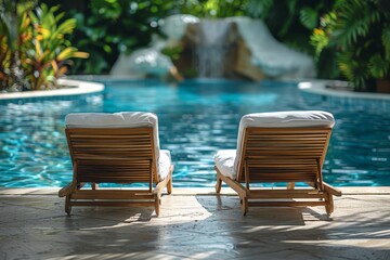 Inviting poolside loungers sit peacefully by a crystal-clear pool, surrounded by lush greenery and a soothing waterfall, providing an escape from the busy world.