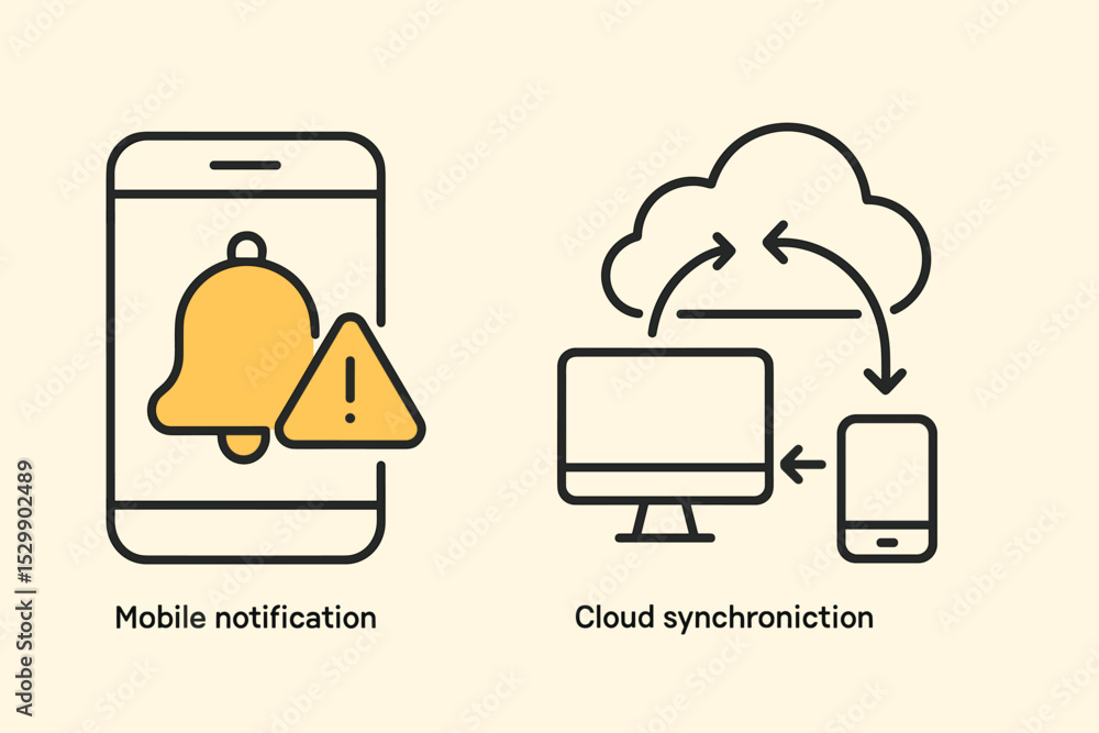 Poster mobile notification alert and cloud synchronization icons with warning symbols