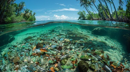 A striking underwater view revealing the harsh reality of plastic pollution, with a mix of bottles and debris amidst clear tropical waters and palm trees above.