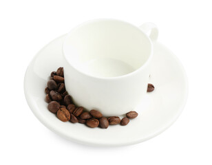 Ceramic cup with roasted coffee beans isolated on white