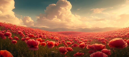 A wide-open field of poppies under a cloudy sky