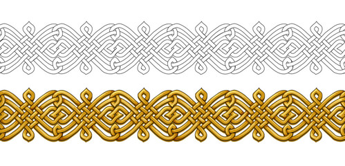 Celtic knot weave design. Seamless pattern. Nordic border ornament. Color and black and white template set. Print for decoration, fabric, embroidery, carpet, wallpaper. Flat vector illustration.