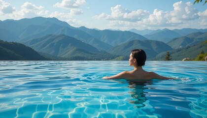 Adult woman swimming in an infinity pool with scenic mountains in the distance