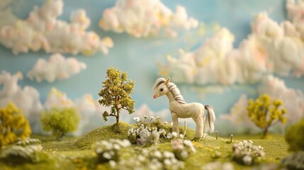 A whimsical image of a plush pony in a miniature fantasy landscape, with tiny trees and a painted sky backdrop, creating a playful and imaginative scene that captures the magic of childhood play