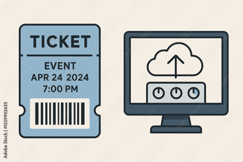 Poster digital event ticket with cloud upload icon for online access