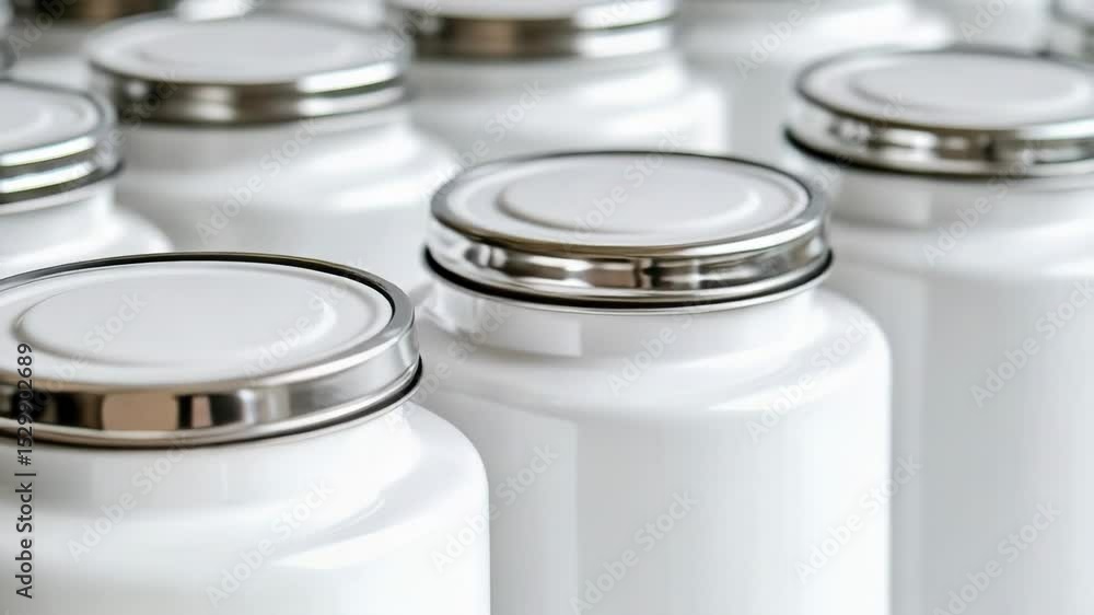 Poster a collection of empty white jars captured in a close-up shot, suitable for use in designs related to