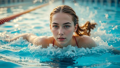 Competitive swimming pool scene with teenage girl swimming peacefully in athletic swimwear