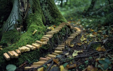 A whimsical image of dominoes set up along a forest path, integrating seamlessly with natural elements like moss, leaves, and tree roots. The dominoes are weathered, with earthy tones that blend
