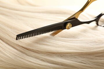 Hair lock and scissors on beige background, closeup