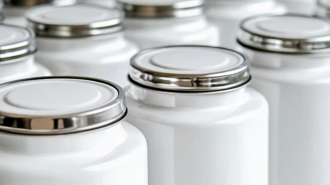 A collection of empty white jars captured in a close-up shot, suitable for use in designs related to organization or cleanliness.