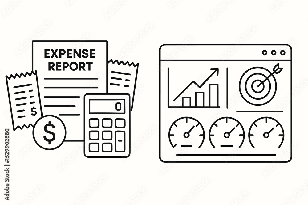 Poster business tools: expense report with calculator and analytics dashboard icons