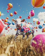 colorful cow painted with many balloons