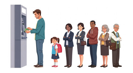 Obraz premium Cartoon People Queuing at ATM with Man Withdrawing Money Vector Illustration