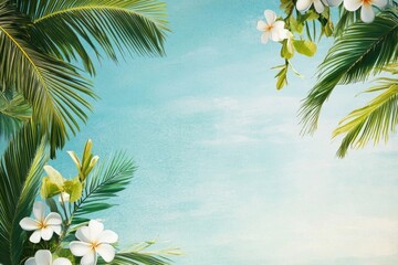 Tropical background with palm leaves and white plumeria flowers on soft sky backdrop. For summer, vacation designs, travel promotions, exotic nature-inspired visuals. Calm and uplifting aesthetic