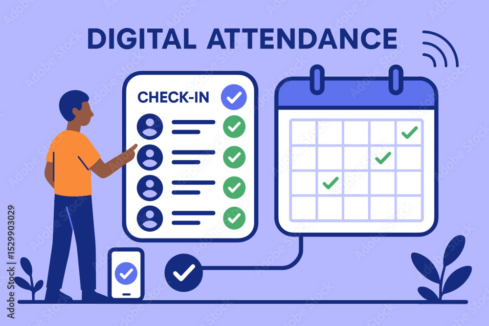 Poster digital attendance system: person checking schedule on calendar with mobile integration