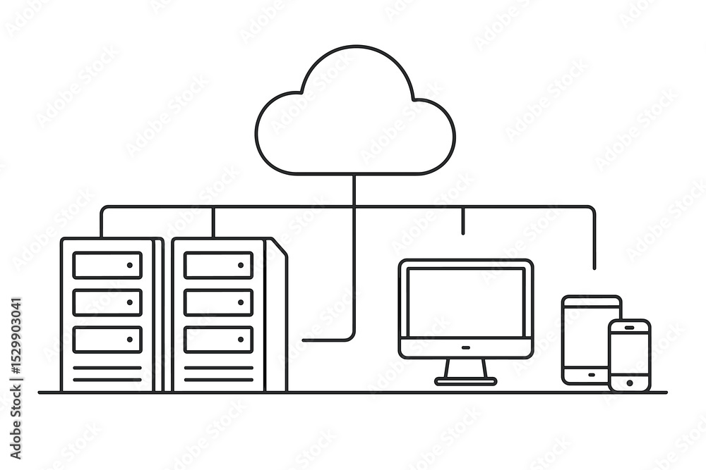 Poster cloud computing line art: network integration with servers and devices