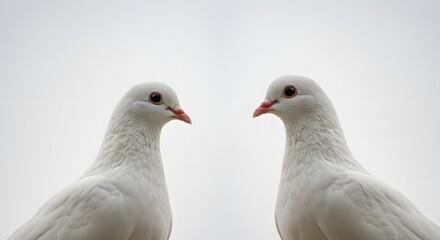 Fototapeta premium Two White Doves Facing Each Other a Symbol of Love Peace and Harmony Against Sky Background A Powerful Conceptual Image