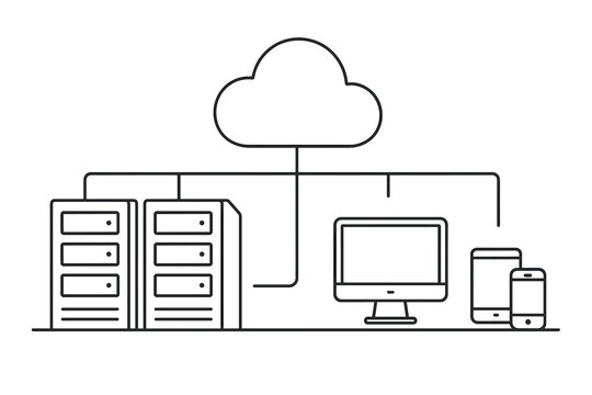 Cloud computing line art: network integration with servers and devices