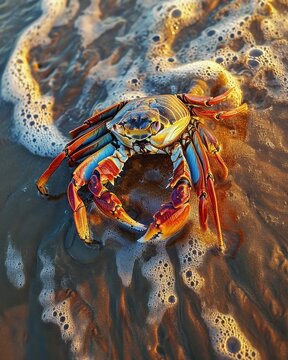 A whimsical photograph capturing the intricate details of a feisty crab scuttling across a vibrant, textured beach. The warm, golden hour sunlight highlights the crab's vibrant colors