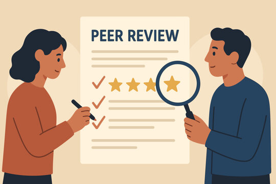 Male and female adults engaging in peer review process with star ratings